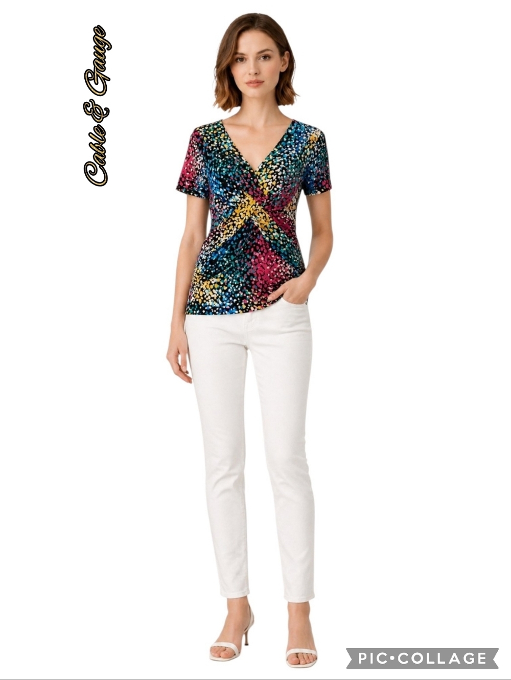 Cable & Gauge black multicolor v-neck twist-front short sleeve top sz lrg - Picture 7 of 13